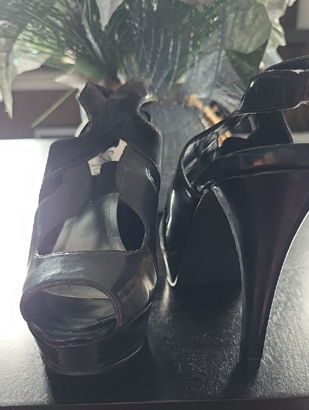 Velvet Heart Black Patent Peep-Toe Platform Heels
